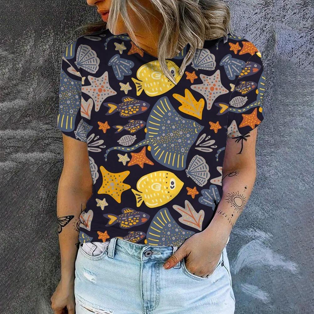 Women's T-Shirt Cartoon Little Whale 3D Printing T-Shirt Fashion Popular Oversized T-Shirt Summer Women's Round Neck T-shirt