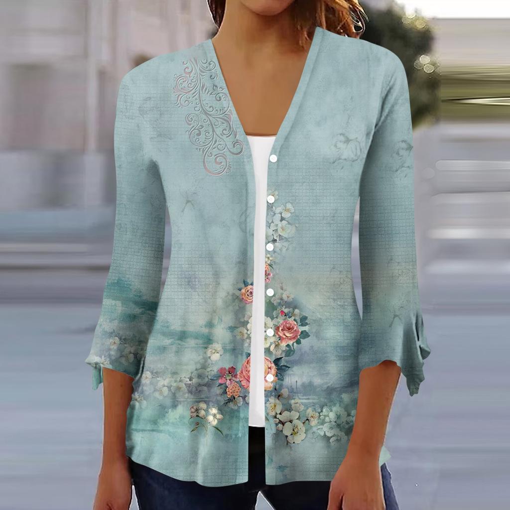 Women's Shirt Blouse Outerwear Print 3/4 Length Sleeve Casual Holiday Basic Button Tops