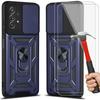 Pack of 2 Tempered Glasses with Case For Samsung A32 4G (6.4 ") Navy Blue Shockproof Back Ring Reinforced Edge Camera Cover