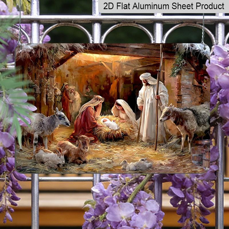 2D Flat, 1pc Christmas Nativity Scene Holy Family Stable Animal Vintage Aluminum Sign, 12"×8"‑Oil Painting Birth of Jesus Religious Plaque, Aluminium