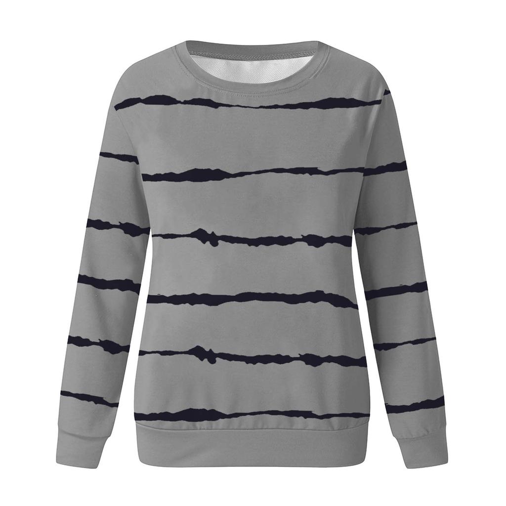 Women's Striped Printed Tops Casual Round Neck Long Sleeve Tops