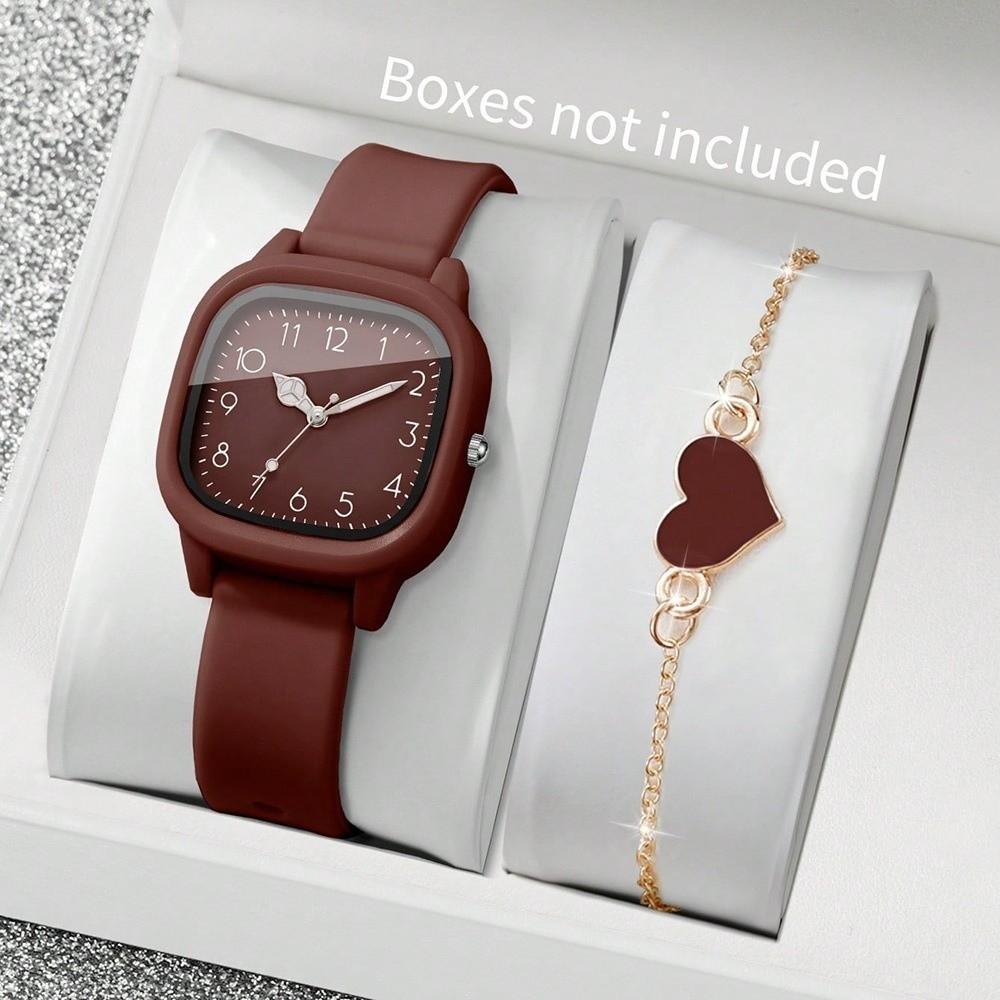2PCS/Set Square Dial Women Watch Silicone Strap Arabic Dial Watch Women Quartz Watch Casual Wear