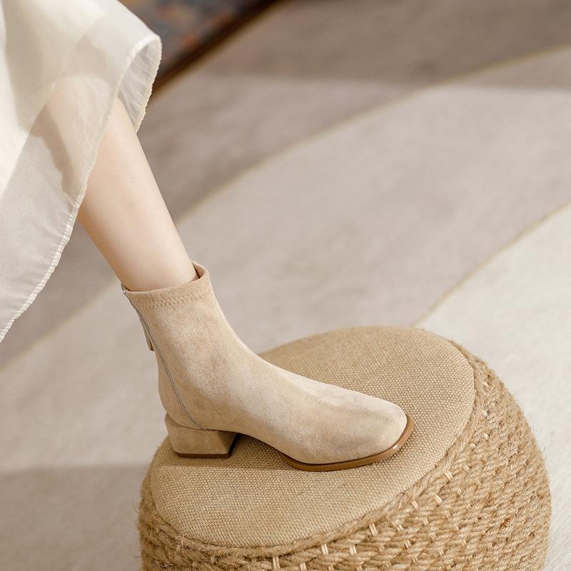 Suede thick heel short boots new autumn and winter mid-heel thin nude single boots high heel Martin boots women's elastic boots