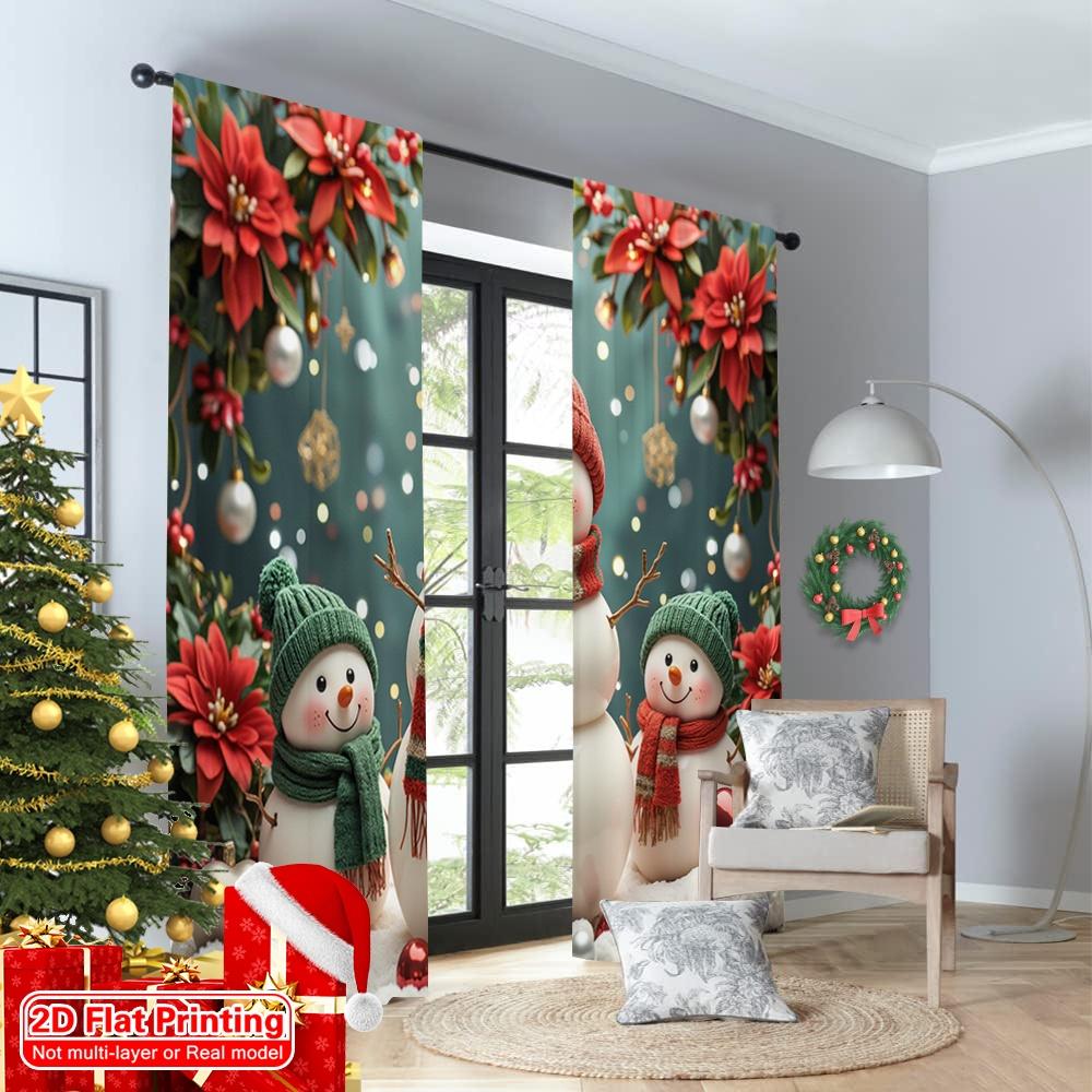 2pcs 2D flat printing Merry Christmas Popular Curtain Cute Snowman Family Christmas Poinsettia Polyester Fabric Without