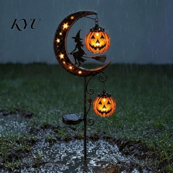 Decorative Stakes for Flower Beds Solar Halloween White Ghost Pumpkin Moon Garden Stake Light, Waterproof LED Glowing Landscape Lights Yard