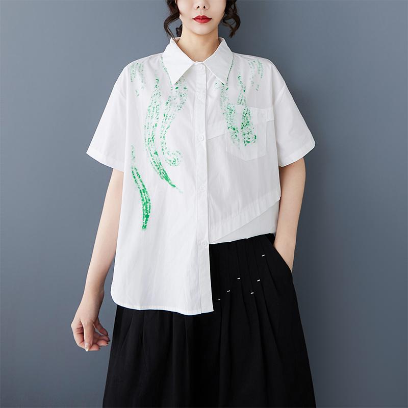 DIMANAF 2025 Plus Size New Summer Blouse Short Sleeve Vintage Printing Casual Women Loose Tops Buttons Shirts