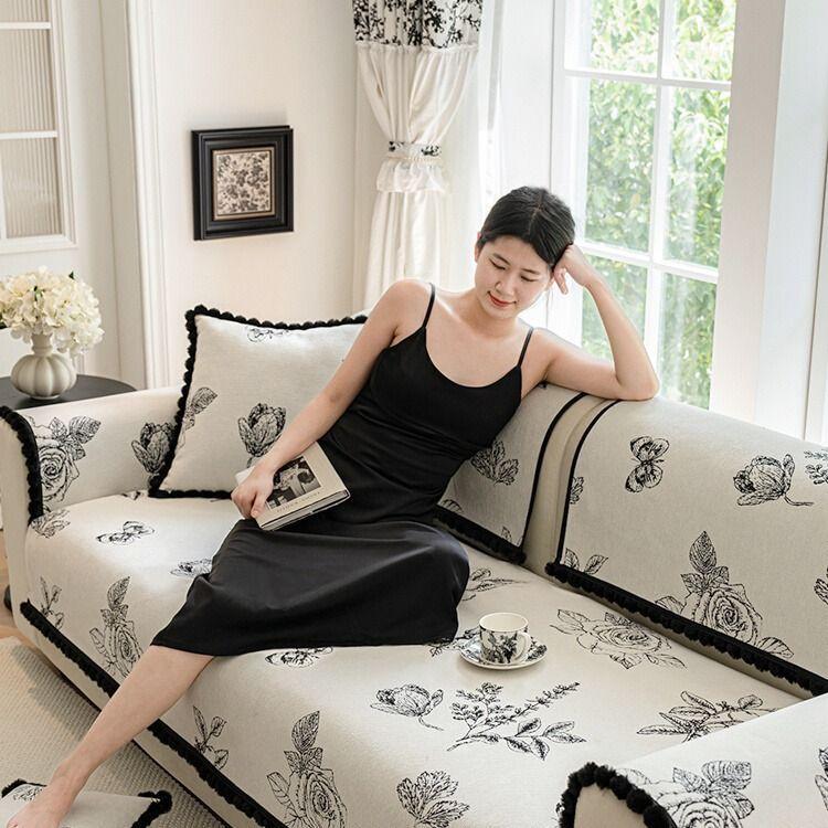 Luxury Sofa Mat Towel With Fur Ball Edge Sofa Covers for Living Room L Shape Chaise Lounge Couch Slipcovers Pets Kids Mat Cover