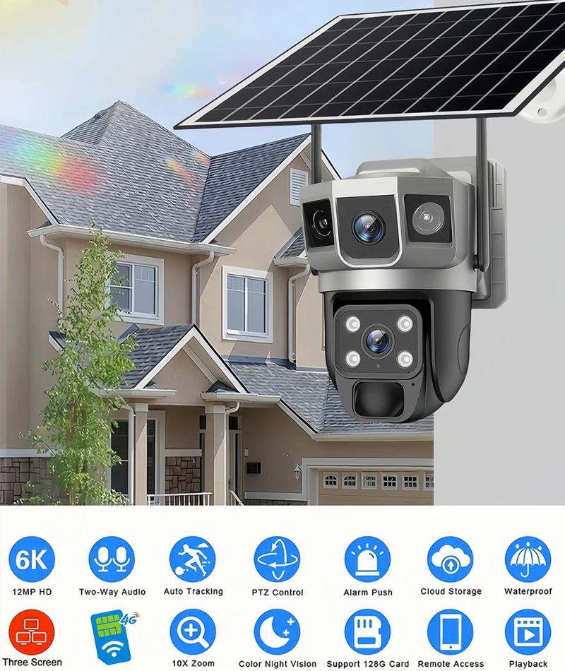 4G Solar IP Camera WIFI CCTV 12MP Dual Lens Triple Screen PTZ Auto Tracking 6K Curious Security Surveillance V380 Pro Camera