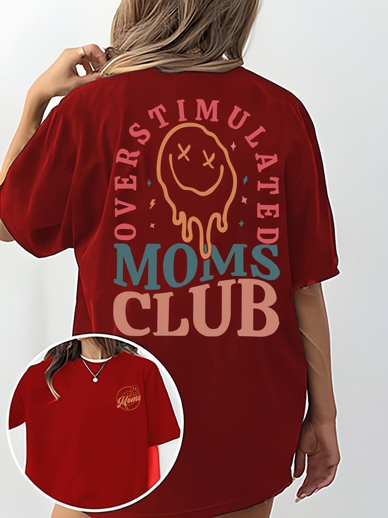 Overstimulated Moms Club Women's Tee - Funny Mom Life Graphic, Casual Black Oversized Top