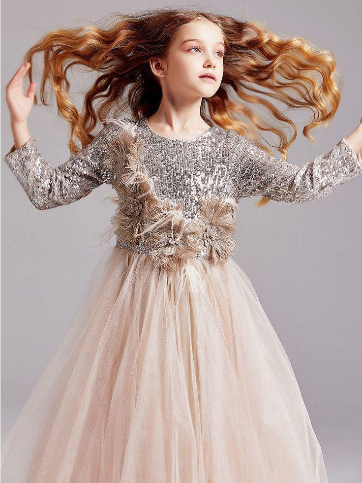 Девочковое блестящее платье-пачка принцессы, с длинным рукавом, для выступлений и банкетов