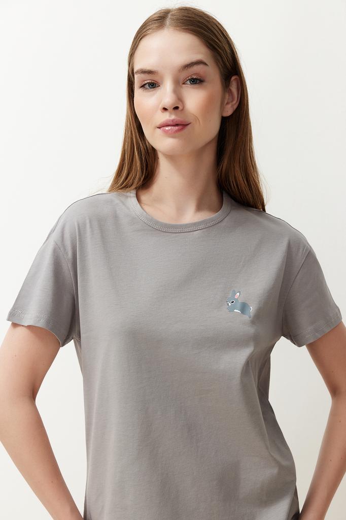 Women's Fashion New Pajama Set Gray Cotton Rabbit Pattern Knitted Pajama Set