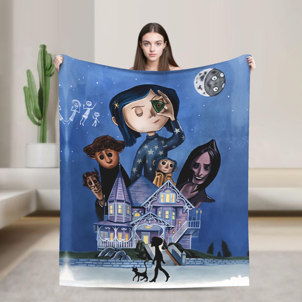 Плед из мультфильма «Коралина» Дорожный фланелевый плед для гостиной Теплый мягкий Качественный индивидуальный дизайн Покрывало Идея для подарка