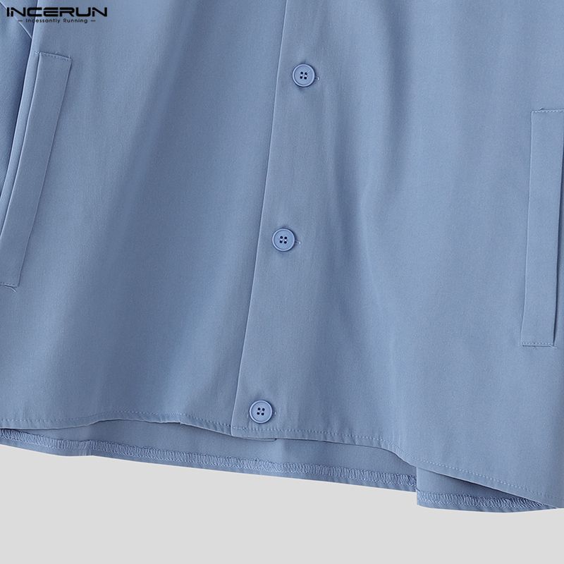 INCERUN Мужские рубашки оверсайз с воротником-стойкой, бантом, длинным рукавом, повседневные, свободные, топы