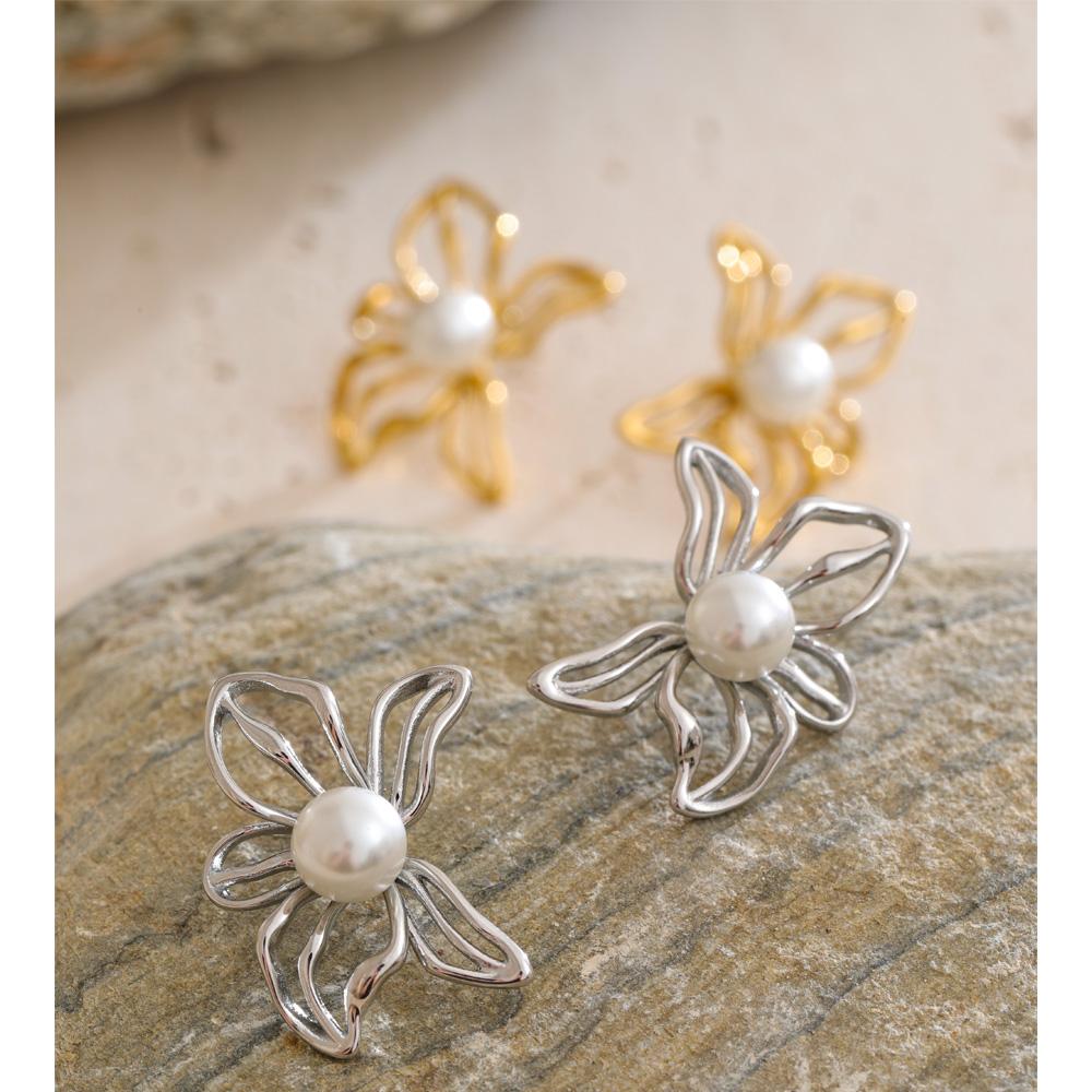 Eetit 2025 Stainless Steel Pearls Hollow Flower Stud Earrings Gift Gold & Platinum PVD Plated Modern Daily Jewelry Anti Allergic