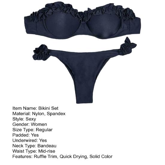 2Pcs/Set Women Summer Bikini Set Bandeau Ruffle Trim Bra Mid Rise Briefs Set Push Up Bathing Suit Split Design Swimsuit