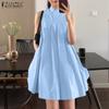 Women Casual Stand Collar Summer Loose Sleeveless Tank Dress