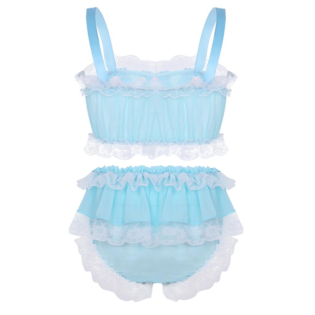 Men's Ruffled Frilly Lace Satin Sissy Lingerie Set Bra Skirted Panties Bloomer Underwear