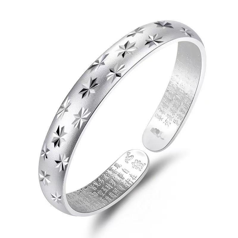 Gypsophila Heart Sutra Silver Open Bangle: Simple Women's Buddhist Bracelet