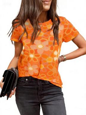 Crew Neck Short Sleeve Retro Colorful Floral Print T Shirt Women's Outfits Casual Daily Wear Lady Loose T-shirts Summer New Tee