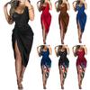 Women's Solid Color Sexy Sequin Slit Maxi Smocked One Shoulder Evening Dress