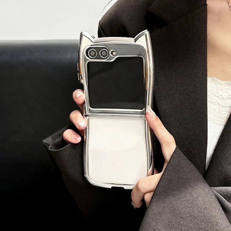 3D Гальванизированный Прозрачный Чехол с Кошачьими Ушками для Samsung Galaxy Z Flip 3 4 5 6 5G Flip6 Flip5 Противоударный Защитник Flip4 Милая Обложка