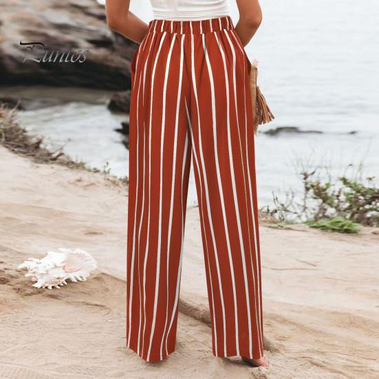 Женские брюки на пуговицах на молнии, длинные брюки с высокой талией, прямые широкие длинные брюки с полосатым принтом