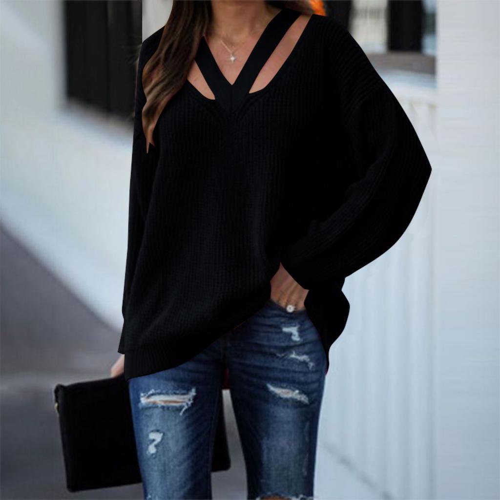 Женский модный свободный свитер с V-образным вырезом и длинным рукавом, однотонный повседневный свитер
