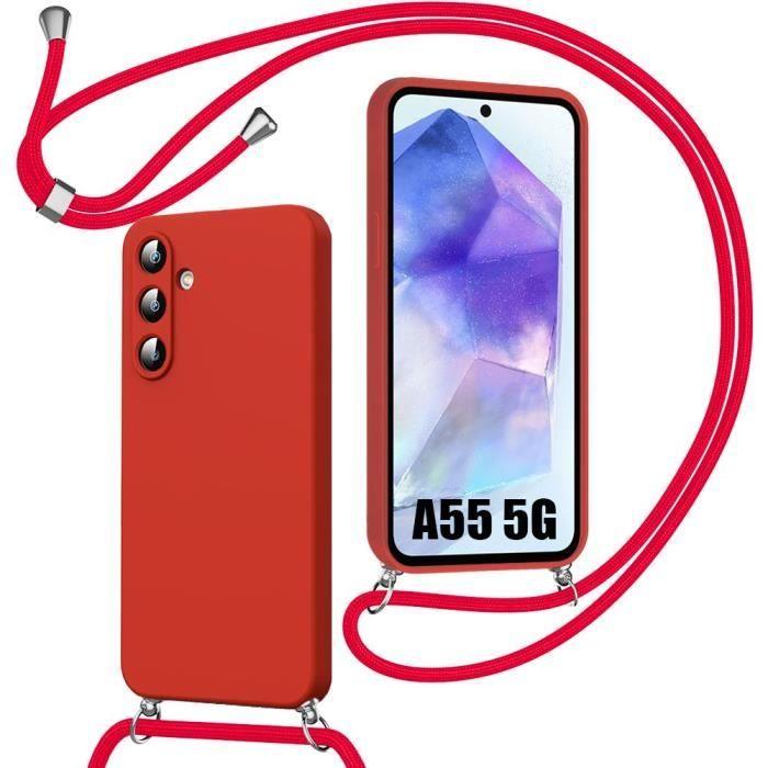 Coque - BOOLING - pour Samsung Galaxy A55 5G - Antichoc - Silicone Souple - Cordon Ajustable Rouge