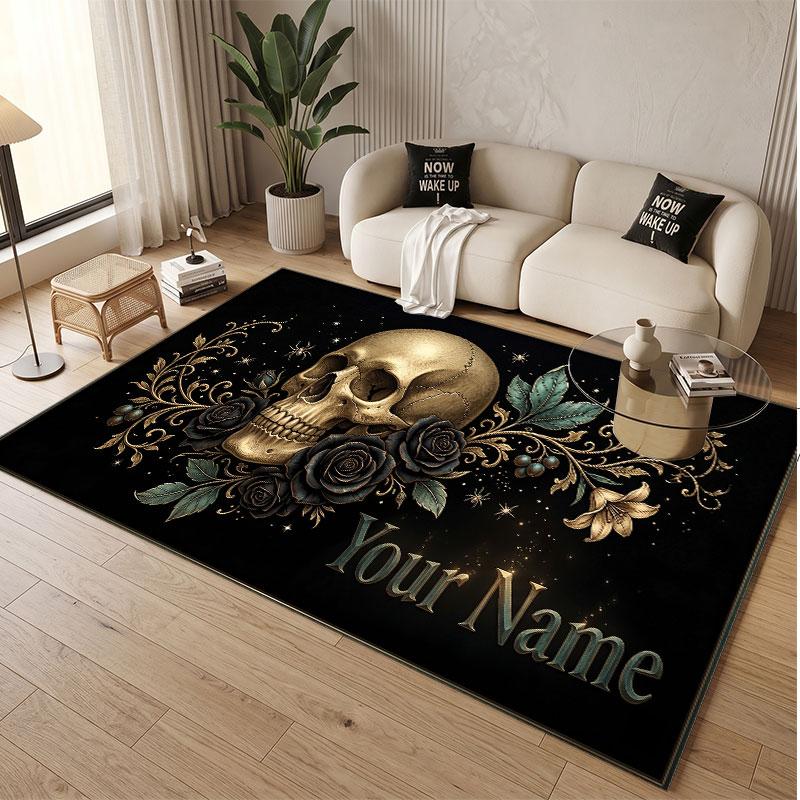 Skull Gothic Theme Soft Crystal Velvet Rug Custom Name & Text Print Non Slip Floor Rug for Bedroom Living Room