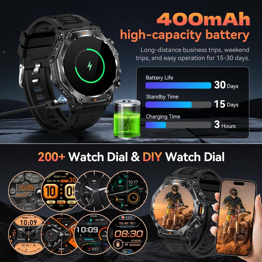 Военные QTLLBT SmartWatch 1,46-дюймовый HD светодиодный фонарик компас фитнес-трекер с функцией спортивные часы, пульсометр SPO2 совместимы с