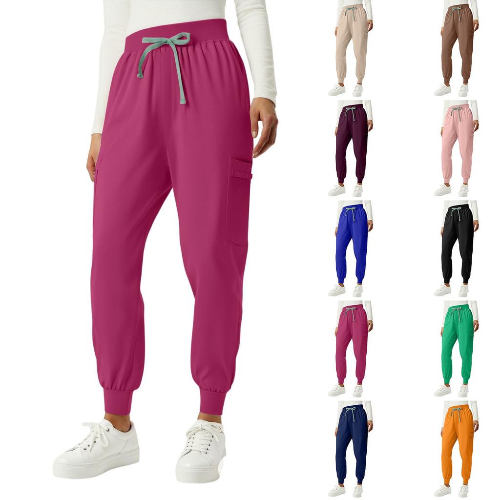 Ladies' Fashionable Solid Color Drawstring Elastic Waist Pocket Protective Casual Pants