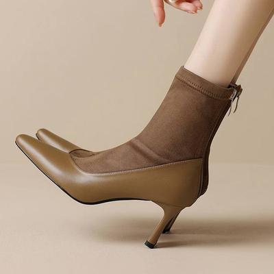 Зимние эластичные ботинки из флоковой коровьей кожи с квадратным носком на толстом высоком каблуке и молнии, женские офисные ботильоны из флока