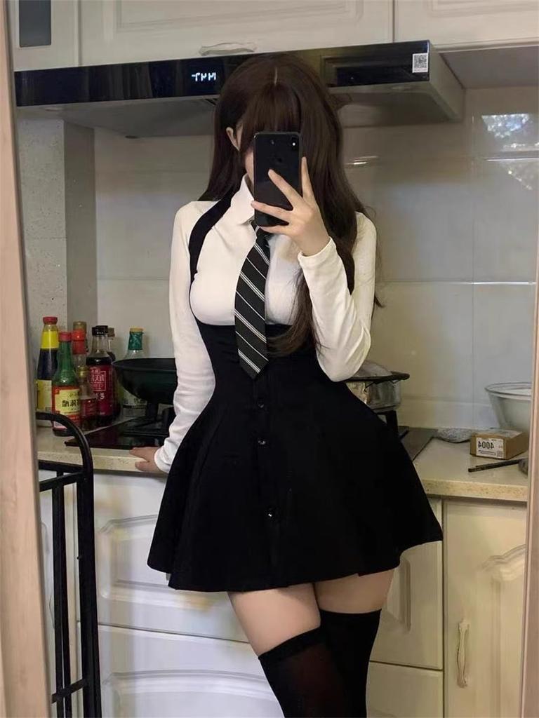 Комплект платья для топа и лендмайна длинный или короткий белая лента и подтяжки школьный Харадзюку осень фото [SDSXZWG] Массовое производство Женщины, Низ, Галстук, Стиль,