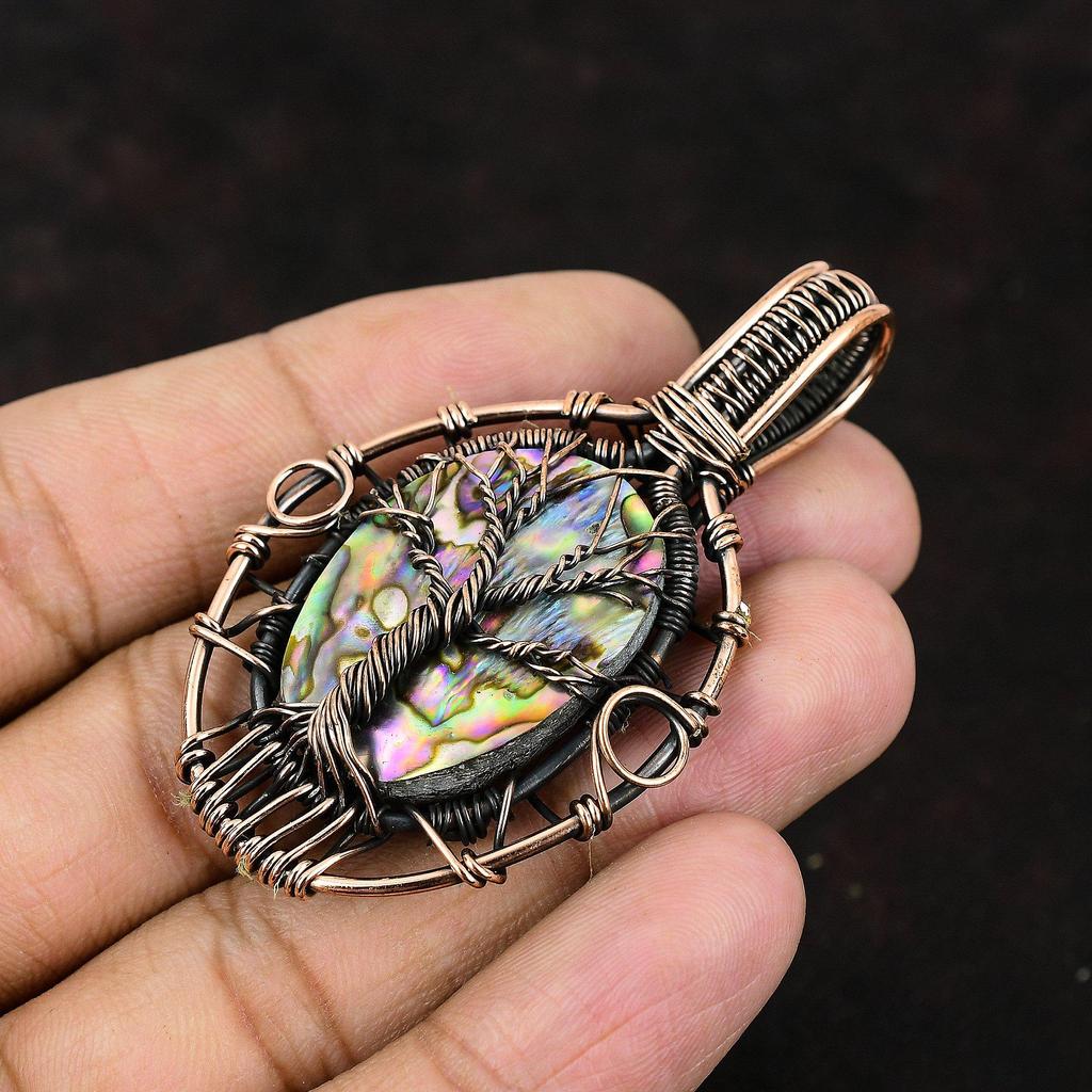 Древо жизни Подвеска из ракушки морского ушка Медная проволока Обернутая подвеска Драгоценный камень Медные украшения Подвеска ручной работы Подарок для него Ювелирные изделия из ракушки морского ушка