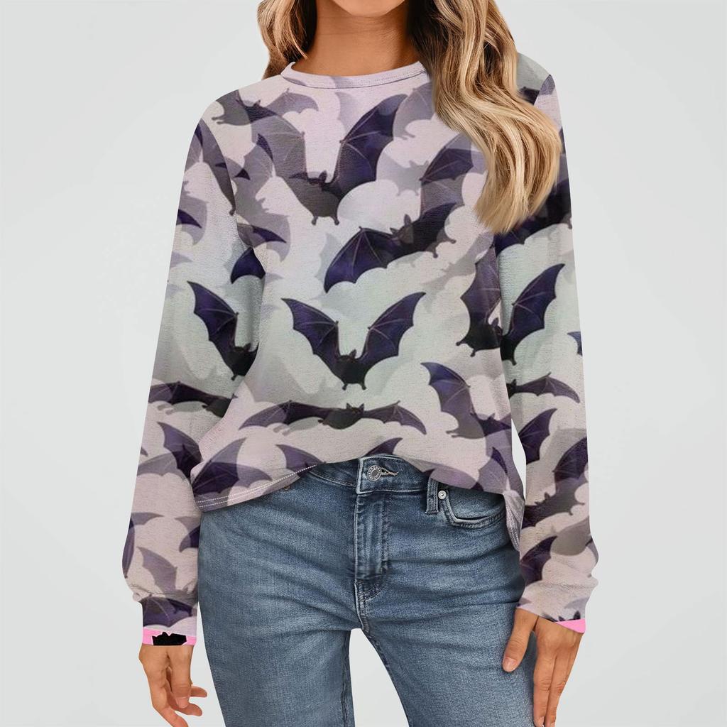 Women's Fashion Long Sleeve Shirts Loose Fitted Crewneck Basic Halloween Print Tops Casual Outfits
