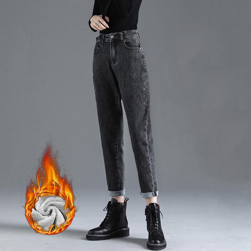 Женские плюшевые зимние джинсы с высокой талией - плотные, теплые, свободные прямые брюки-морковки