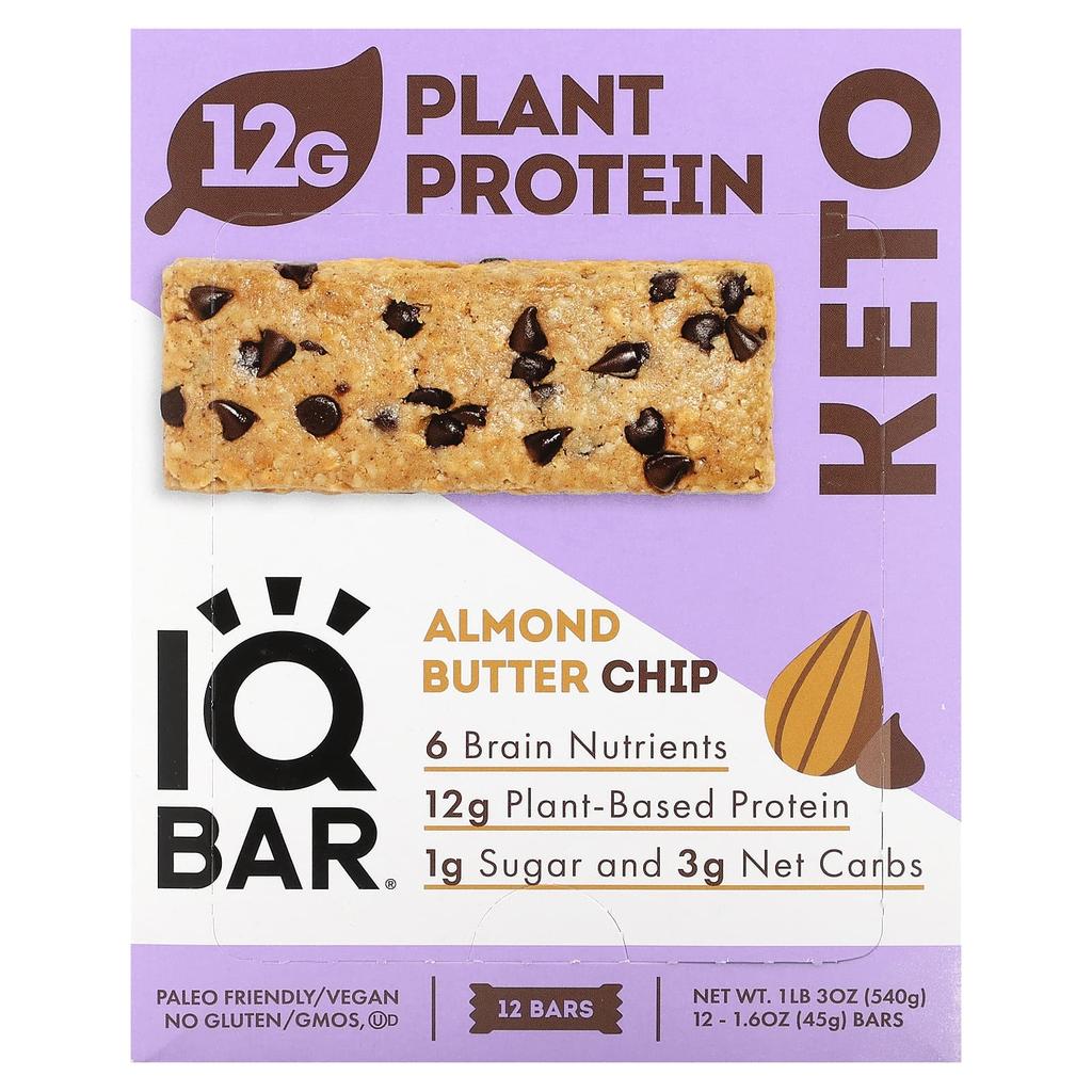 IQBAR Plant-based Protein Bar, Almond Butter Chips, 12 Bars, 45 G (1.6 Oz) Each