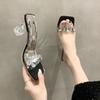 Summer New Style Transparent Rhinestone Square Toe Slippers Fashionable Crystal High Heels Woman Sexy Stripper Party Slide Shoes