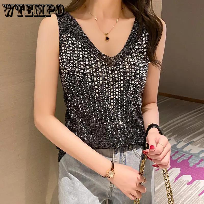 WTEMPO Однотонные свободные топы из ледяного шелка со стразами на весну и лето, женские повседневные мягкие жилеты большого размера с V-образным вырезом