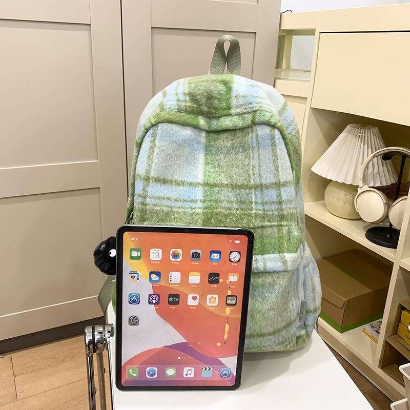 Шерстяной клетчатый школьный рюкзак для студента, большой вместимости, женский рюкзак