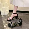 Модные новые французские сандалии со стразами для женщин летом 2024 года Женская обувь на толстом каблуке и туфли на высоком каблуке больших размеров