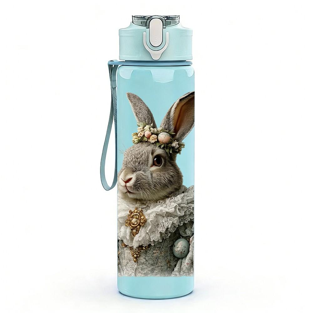 1PC Rabbit With Crown Vintage Print 750ml Color Plastic Sports Water Bottle Leakproof Flip Straw Lid Suitable for Sports Office Home Use