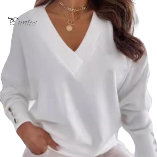 Women Tops V-Neck Long Sleeve Metal Button Cuffs Knitting Tops Solid Color Commuting Style Loose Fit Knitwear