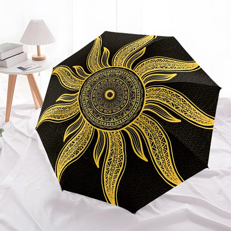 1pc Golden Sun Mandala Automatic Open/Close Umbrella - Portable Collapsible Umbrella with 8-Rib Stability, Fashion Lovers yy251017172