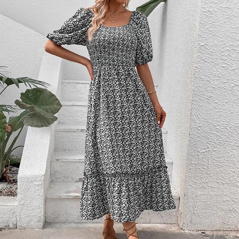 Qybian Women's Floral Backless V-Neck Midi Dress Short Sleeve Boho Summer Beach Long Dress High Low Hem Dress Women Sexy Wear