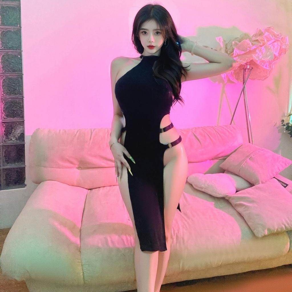 Sex Underwear Sexy Solid Color Neck Sleeveless Hollow Side Split High Waist Tights Dress Women