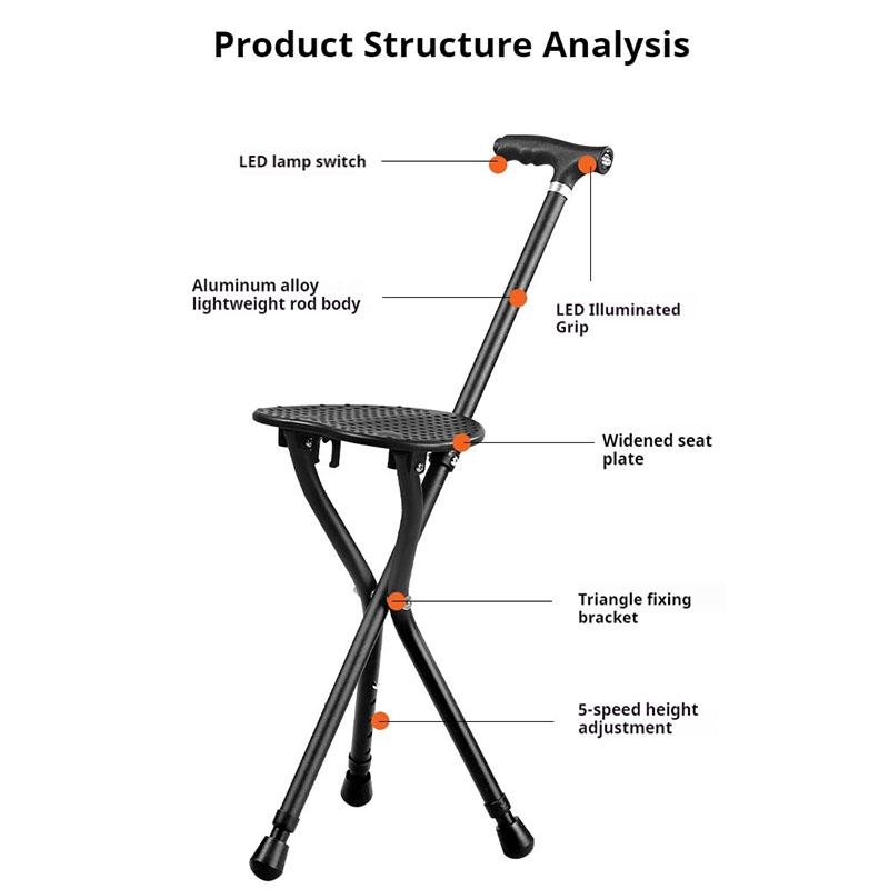Portable Folding Cane with Seat, LED Light Cane Stool Handy Crutch Chair Seat 3 Legs Height Adjustable Thick Aluminum Walking Stick for Elderly