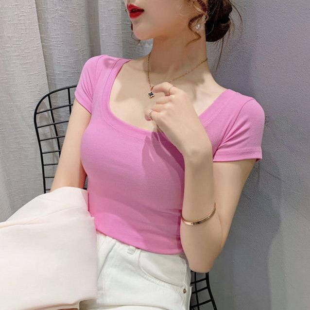 Женская летняя футболка с коротким рукавом и U-образным вырезом, женская облегающая рубашка с большим вырезом, сплошной цвет, облегающие топы с низким вырезом