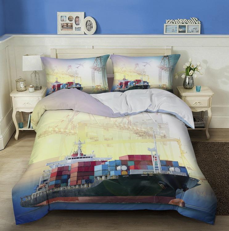3D Ship Duvet Cover Set King Queen Size Large Freighter Container Print Bedding Set Blue Sea 2/3pcs Polyester Comforter Cover