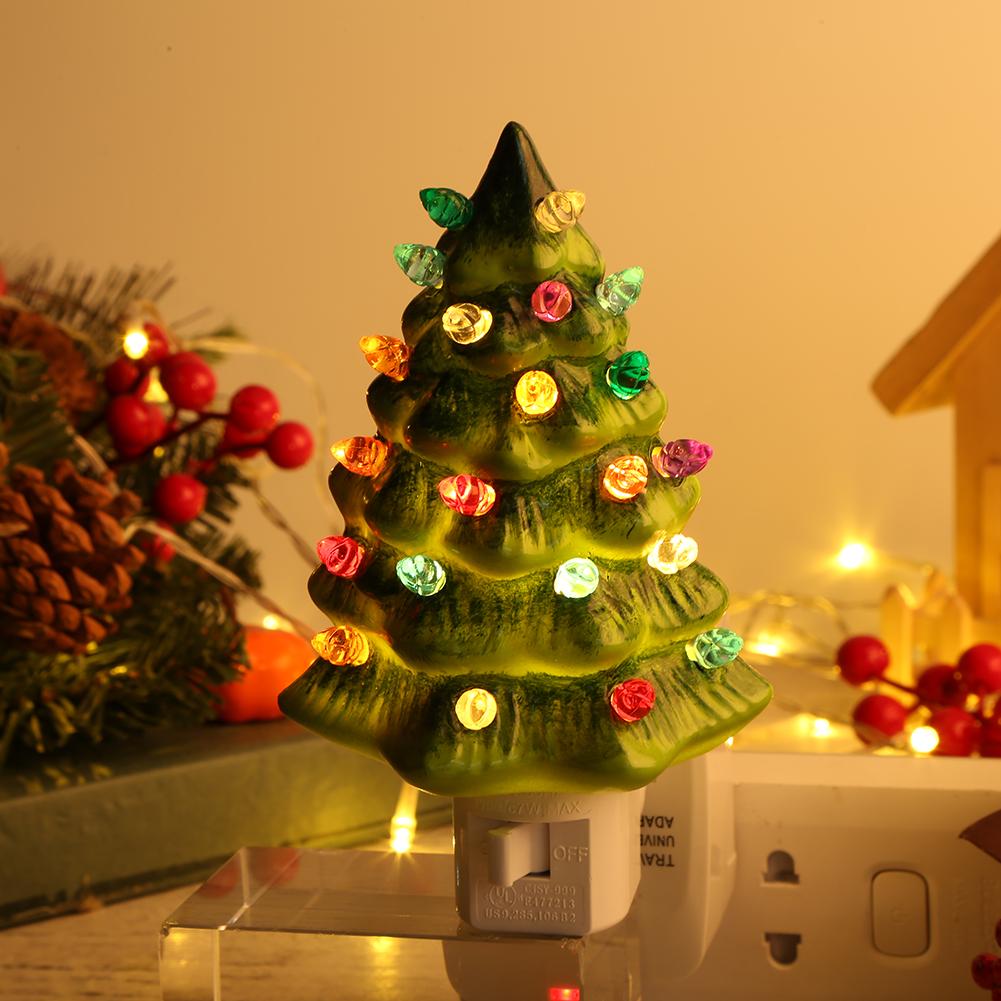 Christmas LED Night Light Ceramic Decorations Vintage Xmas Tree Wall Plug In Night Lamp Nightlight Christmas Gifts Warm Light